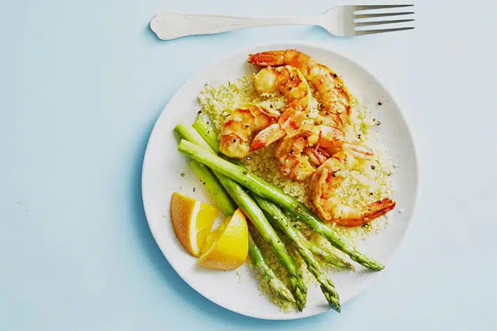 Roasted cumin shrimp with asparagus
