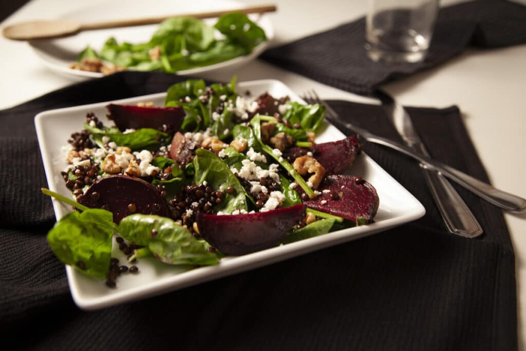 Lentil salad with beets and spinach