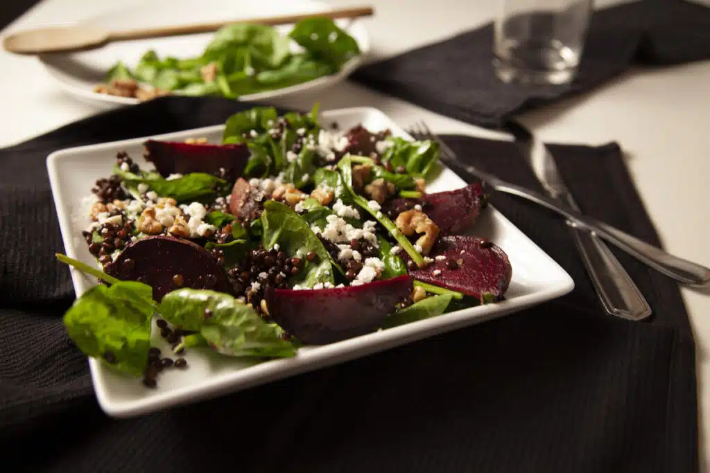 Lentil salad with beets and spinach