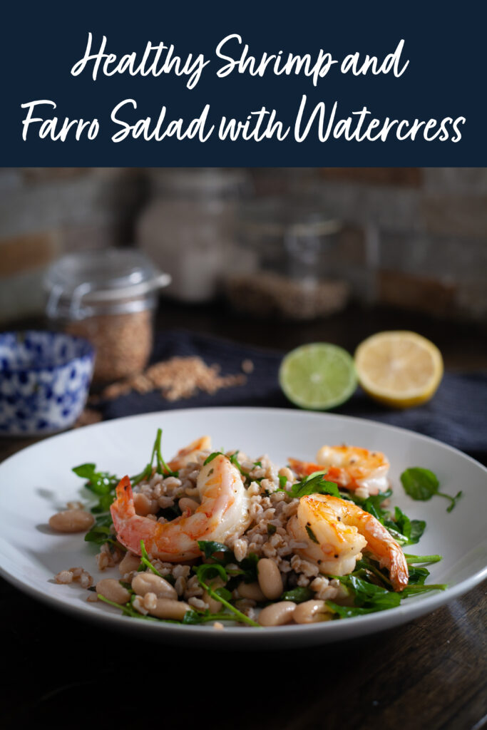Shrimp salad with farro and watercress recipe card