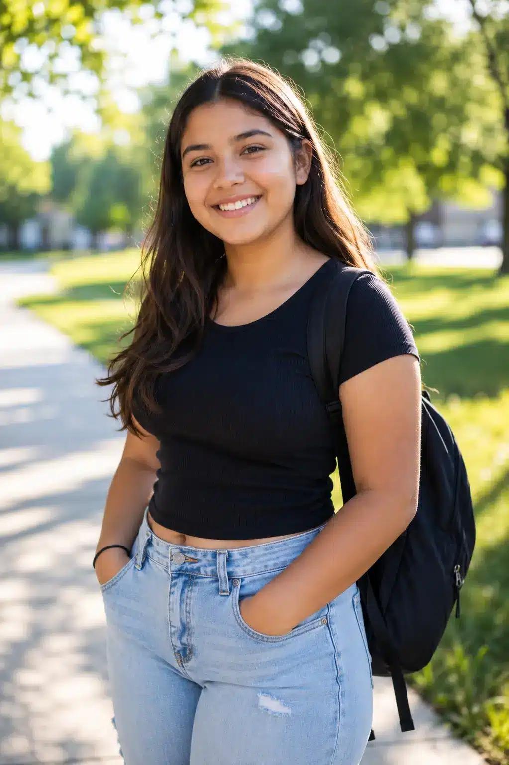 Smiling Hispanic teenage girl outdoors