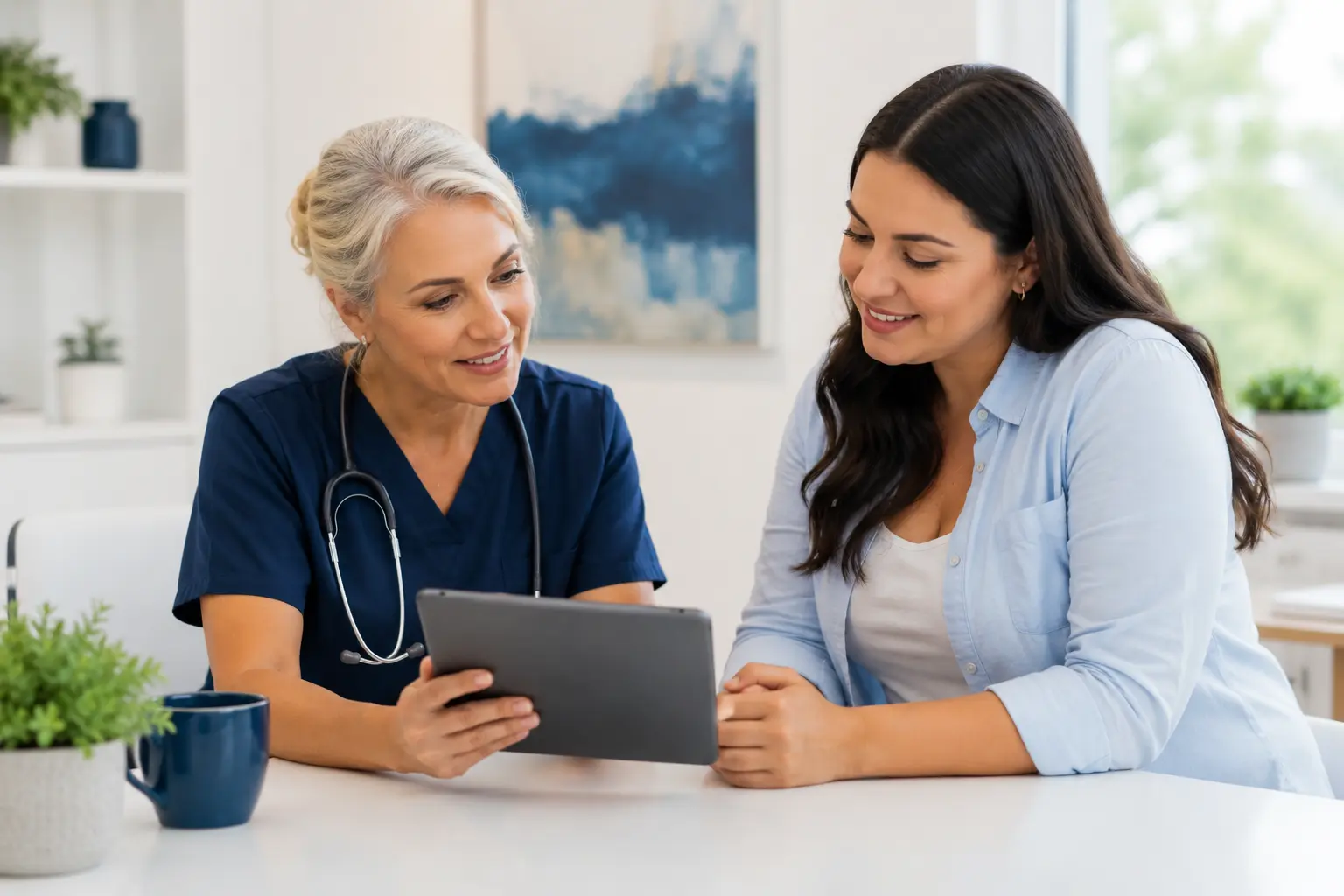 Nurse practitioner and patient reviewing a personalized weight loss plan together on a tablet in a bright medical office