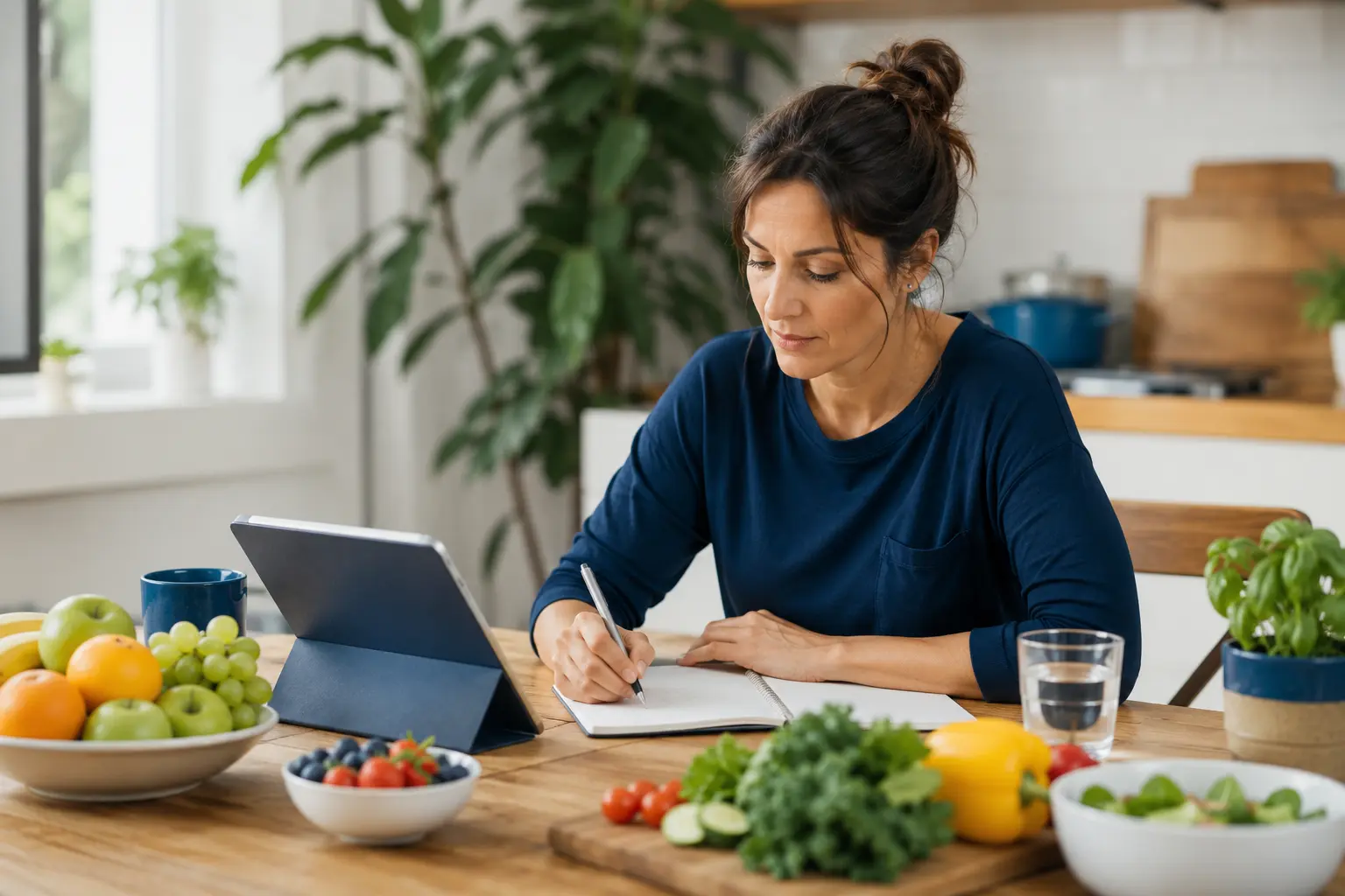 Woman planning healthy meals at a kitchen table with fresh vegetables, a laptop, and handwritten notes