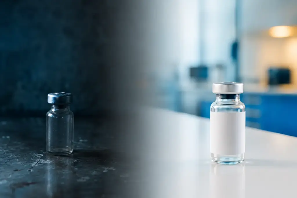 Unlabeled research-grade peptide vial beside a pharmacy-prepared prescription vial