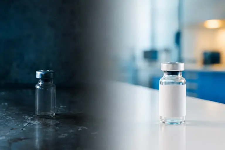 Unlabeled research-grade peptide vial beside a pharmacy-prepared prescription vial