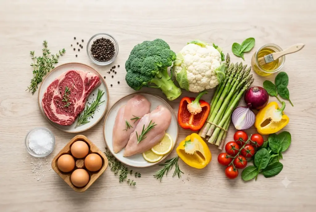 Raw proteins and low-carb vegetables for the Atkins diet