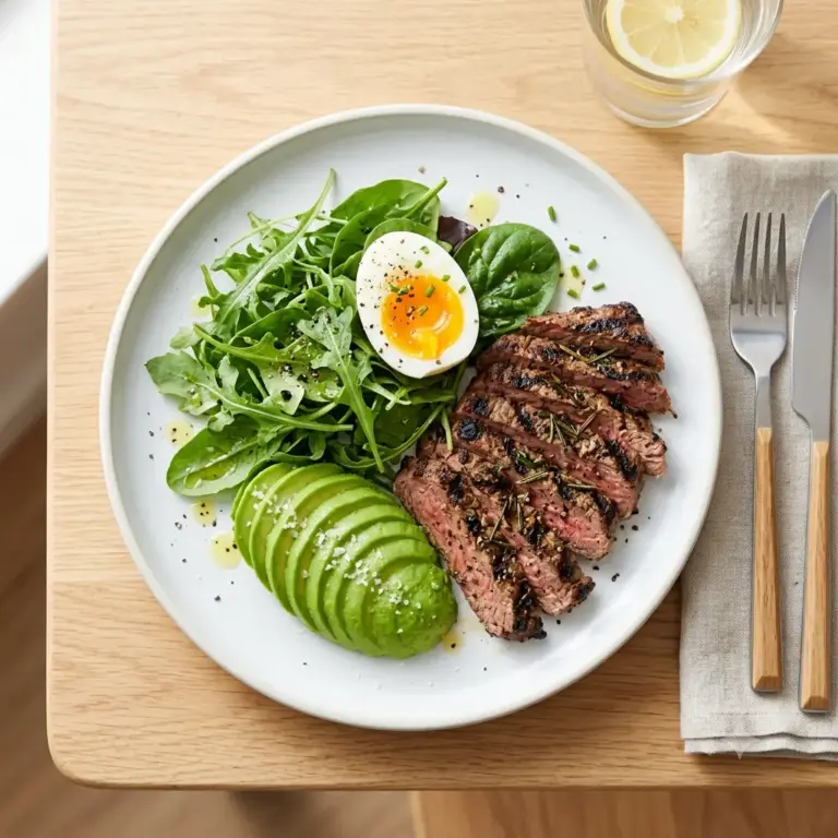 Atkins diet plate with grilled protein, greens, and avocado