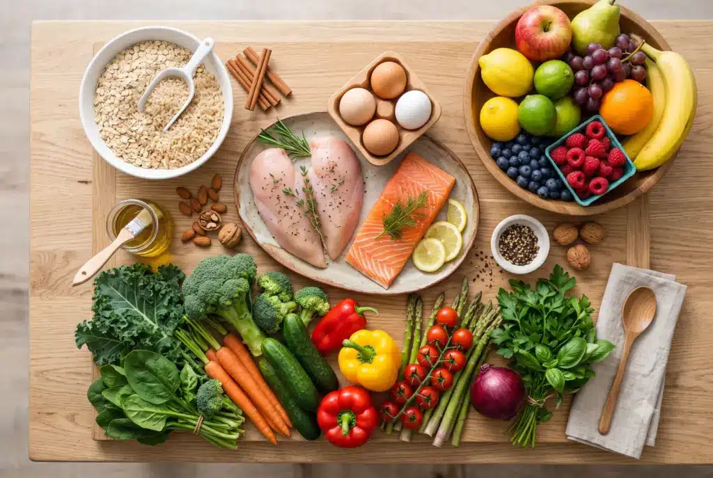 Fresh whole foods including fruits, vegetables, lean proteins, and whole grains