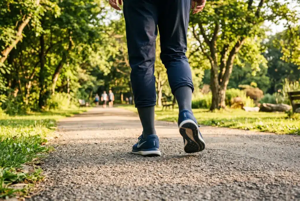 Walking outdoors on a park path for everyday movement