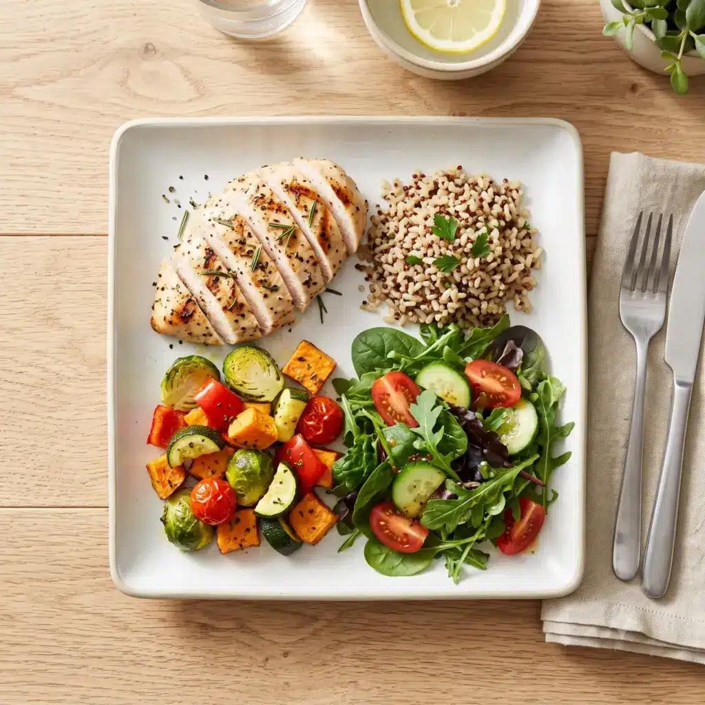 Balanced portion-controlled plate of lean protein, vegetables, and whole grains