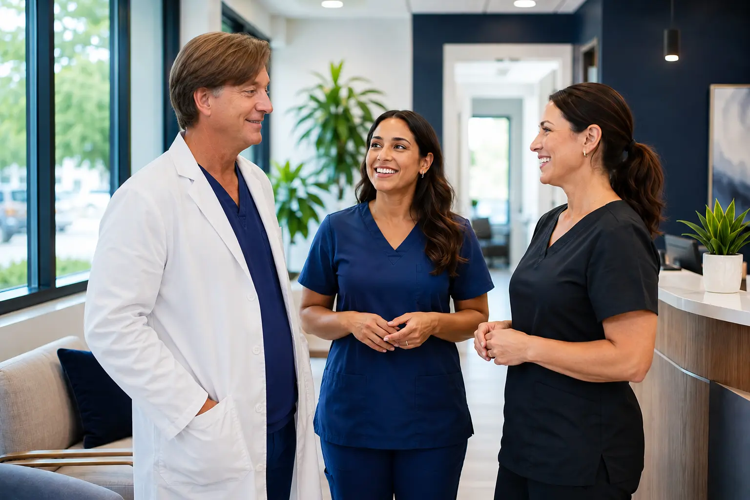 A physician and two nurse practitioners talking together in a bright clinic reception area