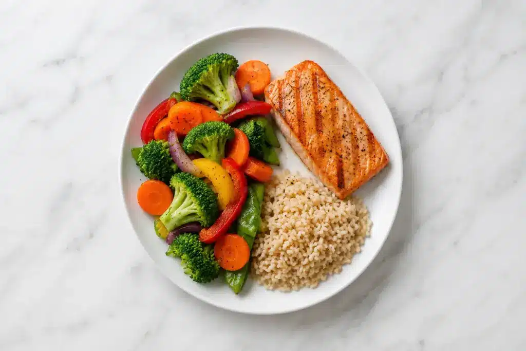 A plate portioned with vegetables, salmon, and brown rice showing the protein-first method