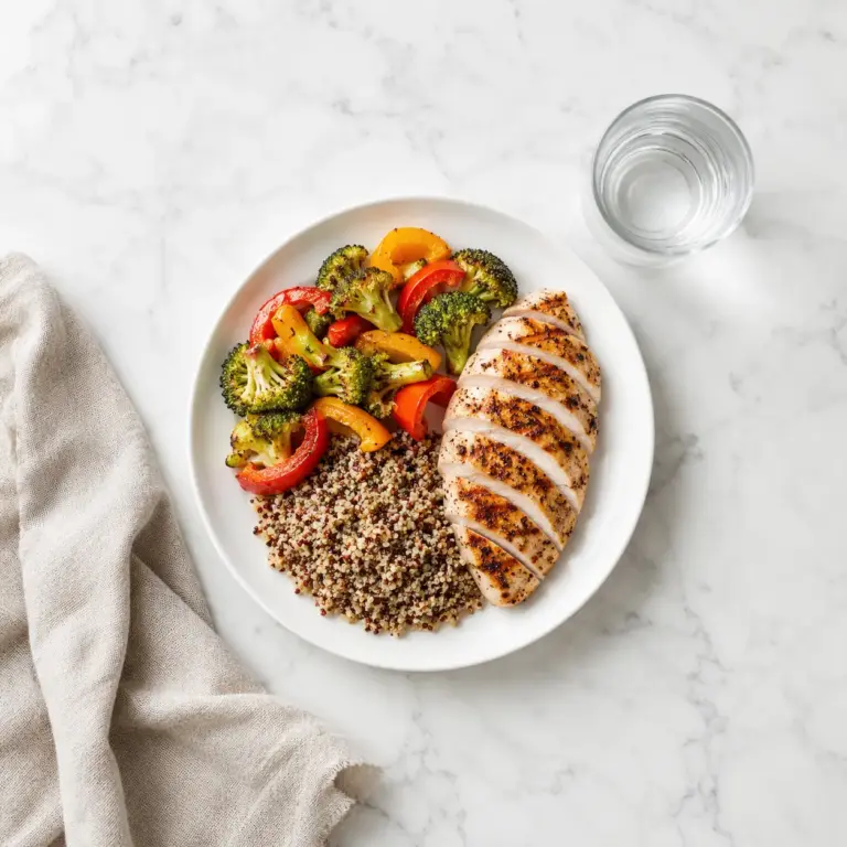 A balanced plate of grilled chicken, roasted vegetables, and quinoa