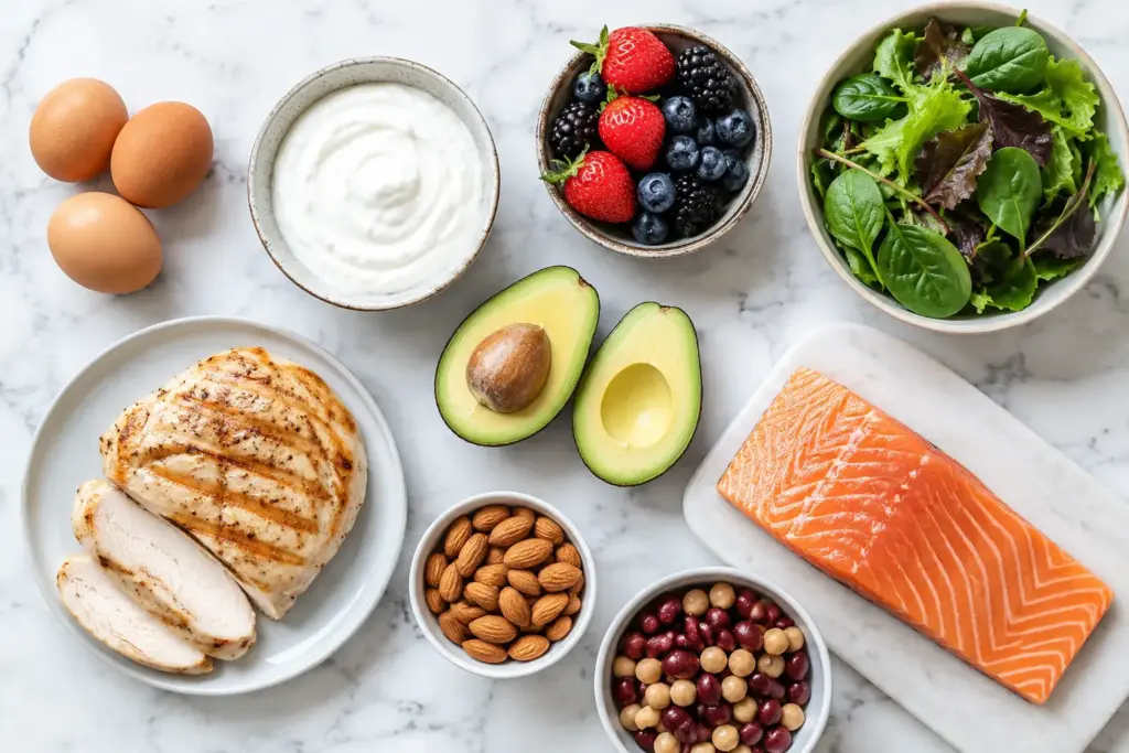 An assortment of GLP-1-friendly whole foods including lean proteins, vegetables, and fruit