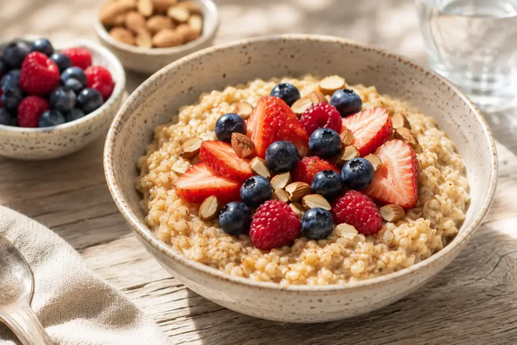 Bowl of steel-cut oats topped with fresh berries and nuts