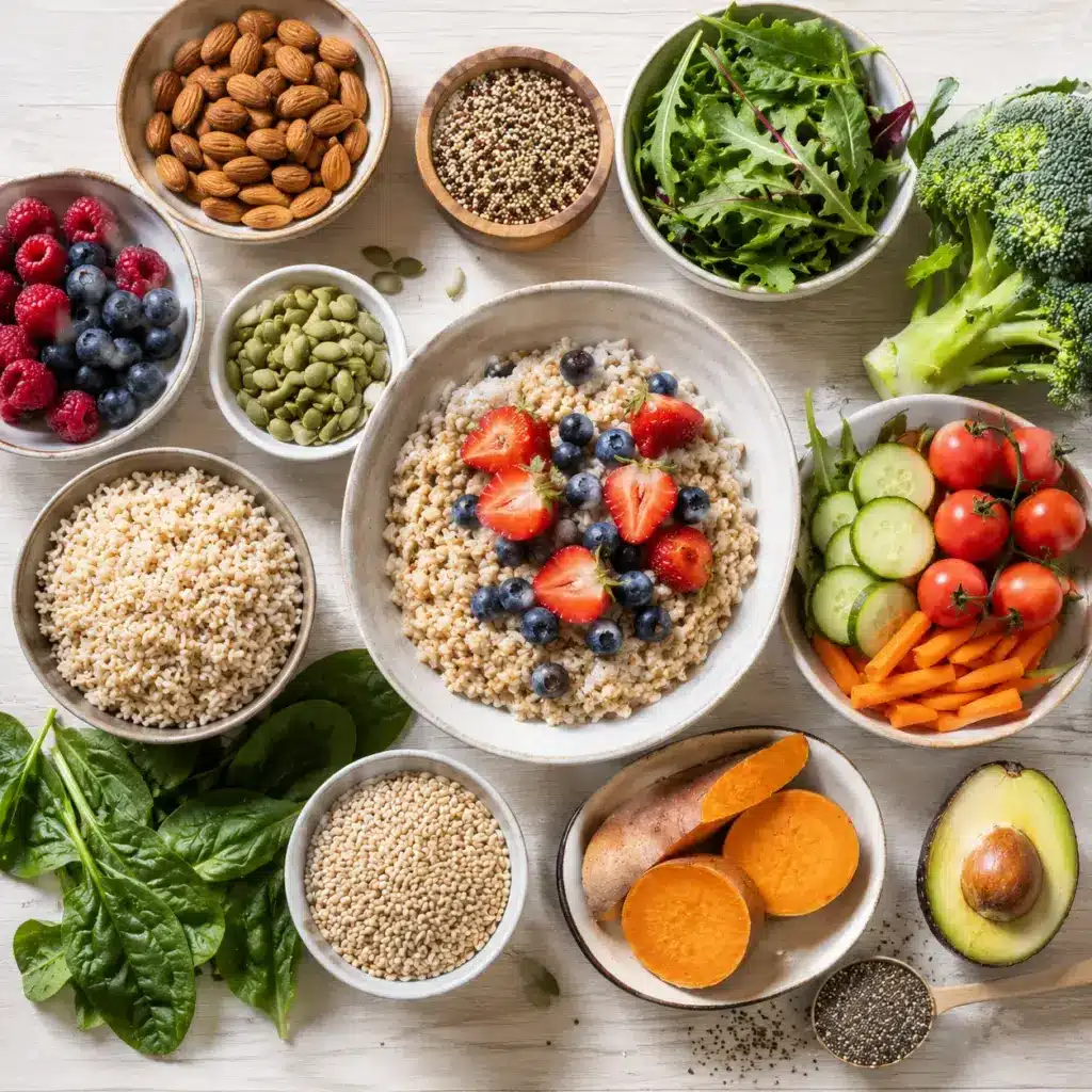 Low-glycemic whole foods including oats, berries, and vegetables