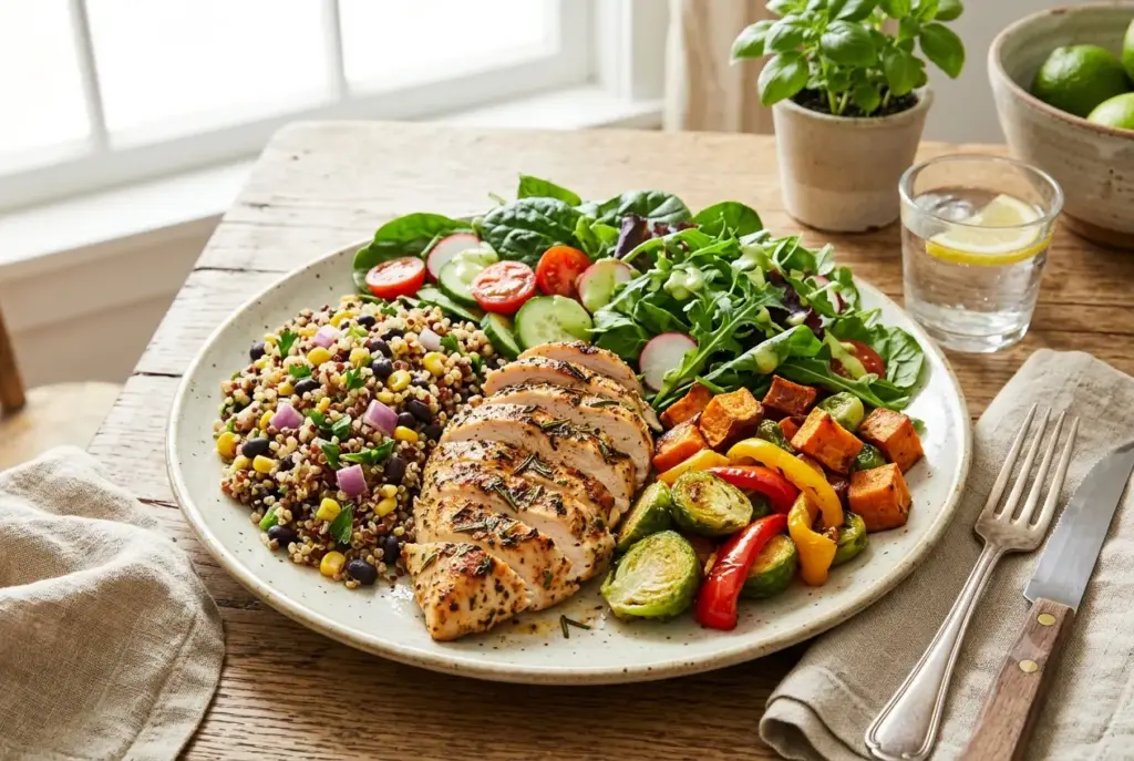 Abundant nourishing meal with lean protein, whole grains, and vegetables