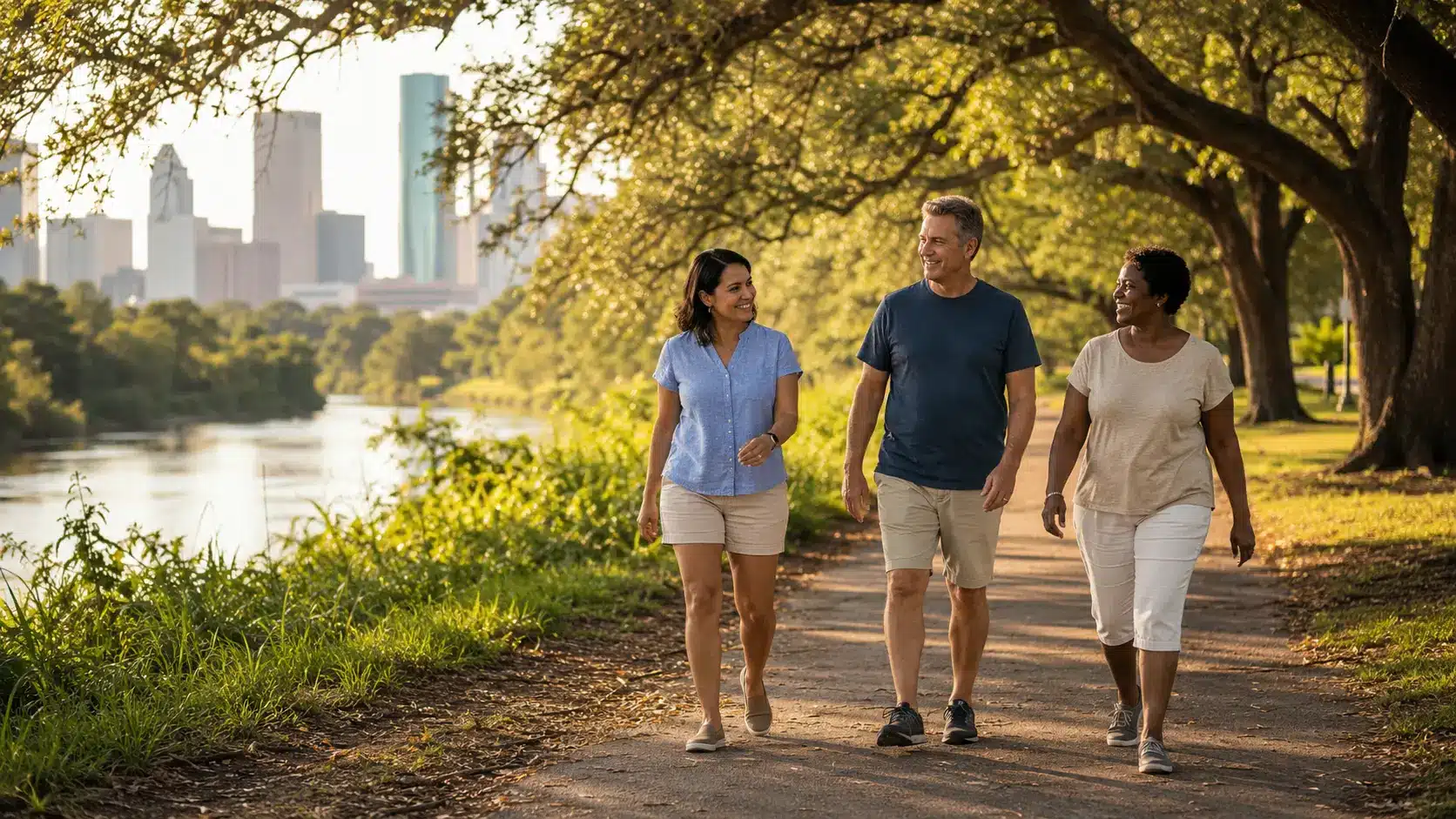 Three adults walking together on a shaded bayou trail in Houston on a sunny afternoon