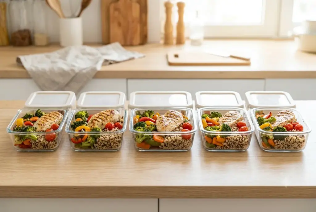 Portion-controlled prepped meals in glass containers with protein, vegetables, and grains