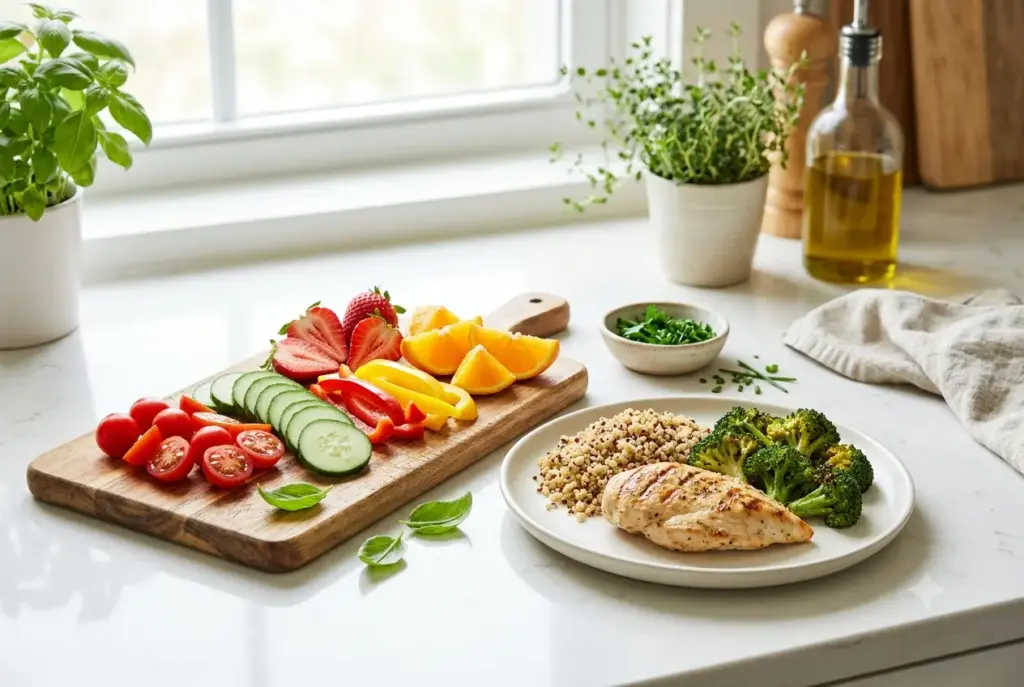 Fresh vegetables and fruit added to a prepared meal