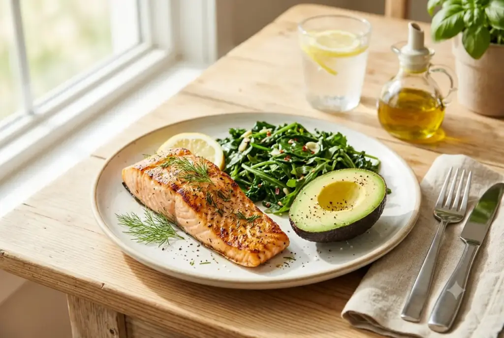 Plated keto meal with grilled salmon, greens, and avocado