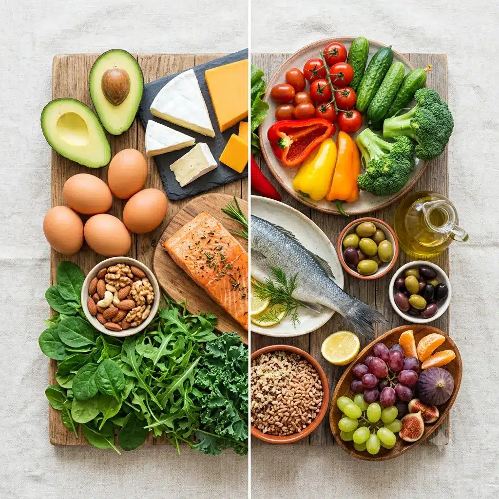 Keto foods and Mediterranean foods compared side by side