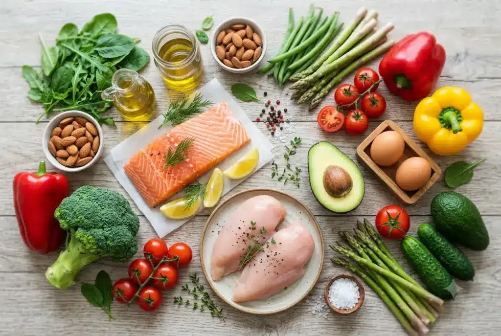Low-carb ingredients: salmon, chicken, eggs, avocado, and greens