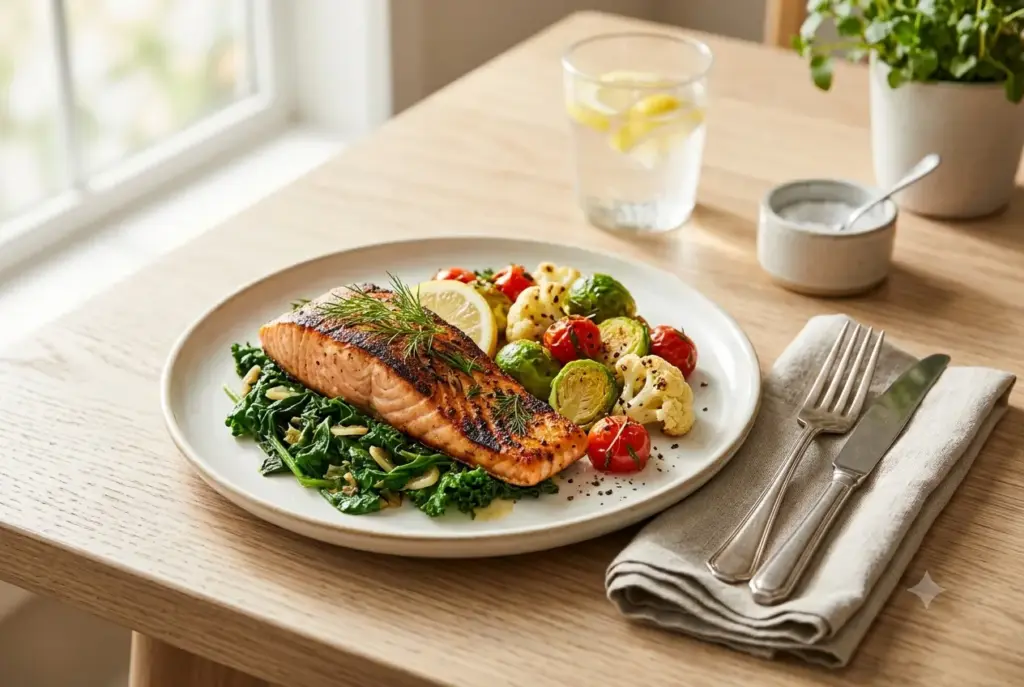 Plated low-carb meal with grilled salmon and vegetables