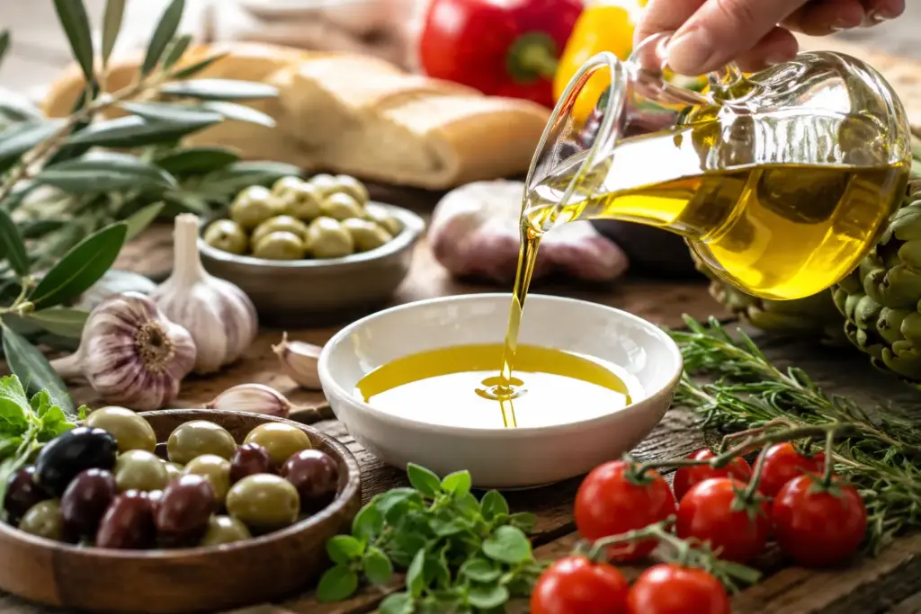Olive oil poured over fresh olives, tomatoes, and vegetables