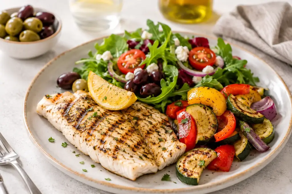 Plated Mediterranean meal with grilled fish and vegetables