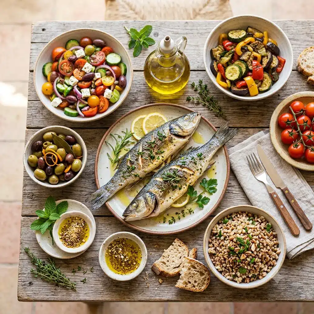 Mediterranean diet spread with fish, vegetables, olives, and olive oil
