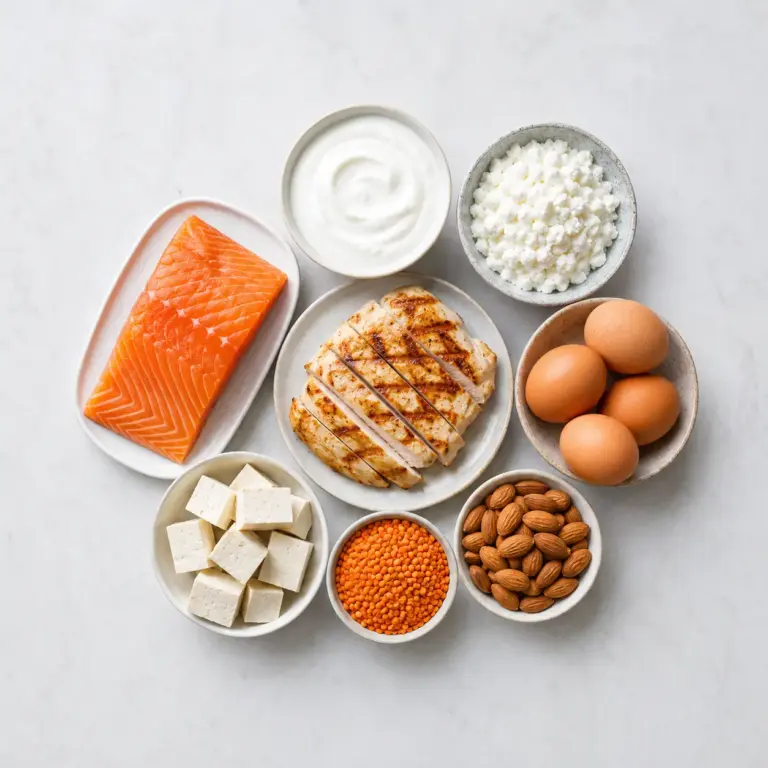 A spread of high-protein foods including chicken, salmon, eggs, yogurt, tofu, and legumes