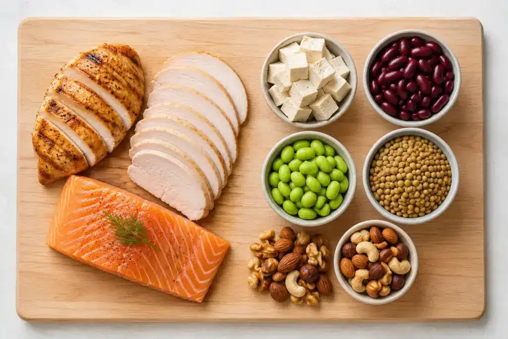 Animal and plant protein sources including fish, tofu, beans, edamame, and nuts