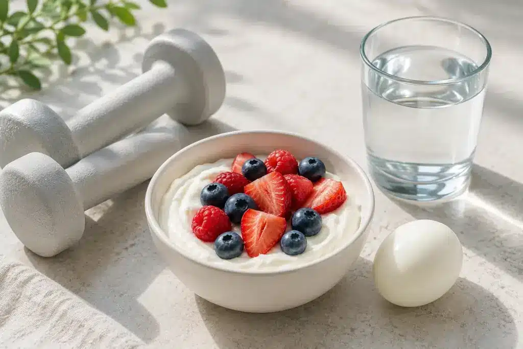 Light dumbbells beside a high-protein snack of Greek yogurt, berries, and a boiled egg