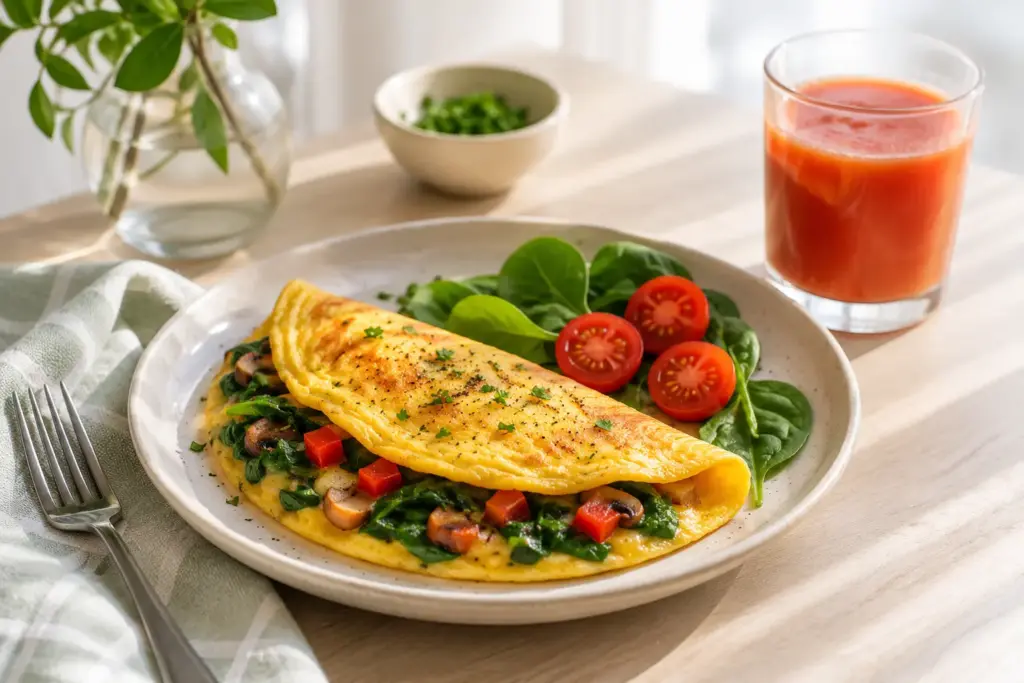 Spinach and vegetable omelet with fresh vegetable juice