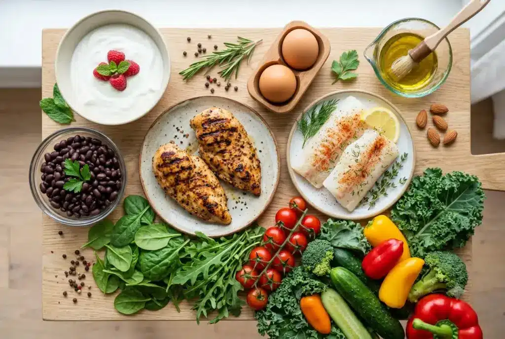 South Beach staples: lean protein, low-fat dairy, and vegetables