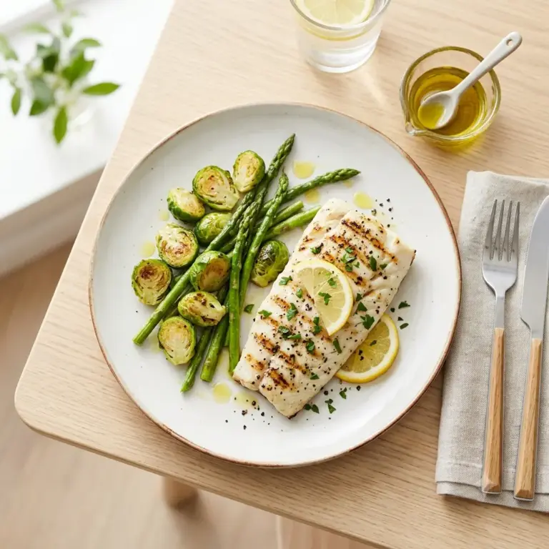 Lean grilled fish with brussels sprouts and asparagus