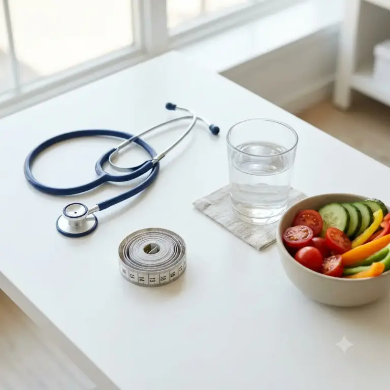 Medically supervised weight loss program with stethoscope and healthy food
