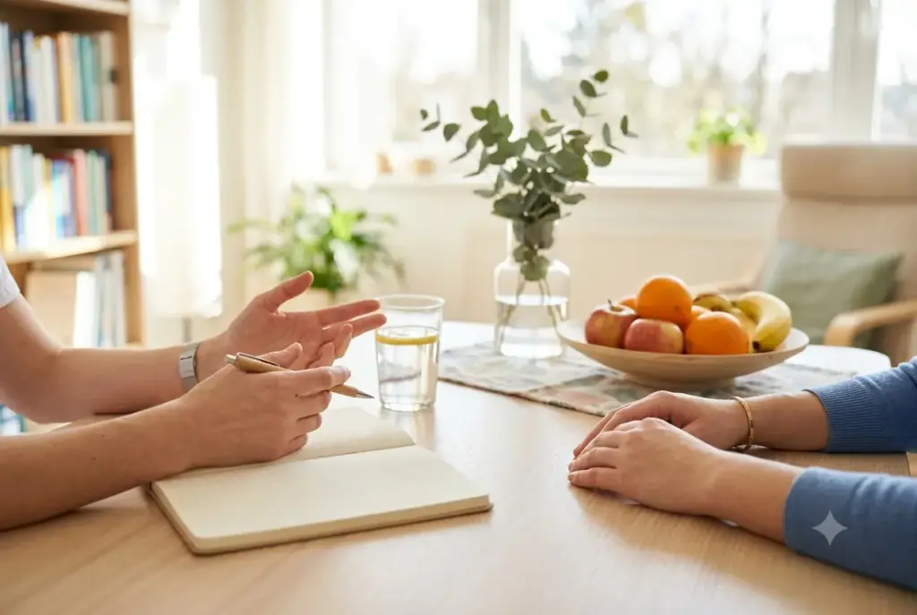 In-person medical weight loss consultation at a clinic desk
