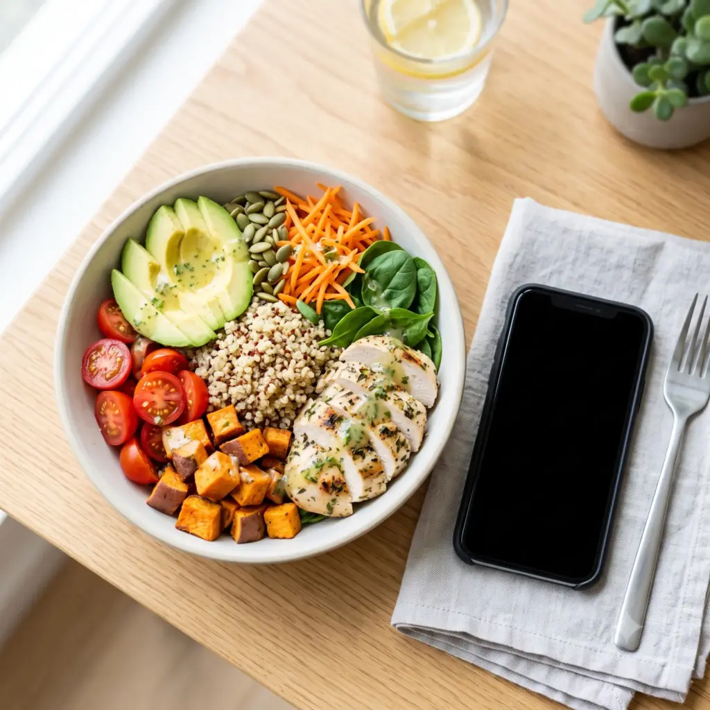 Healthy balanced meal with a smartphone for food tracking
