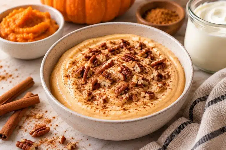 Bowl of high-protein pumpkin spice Greek yogurt topped with chopped pecans and a dusting of cinnamon