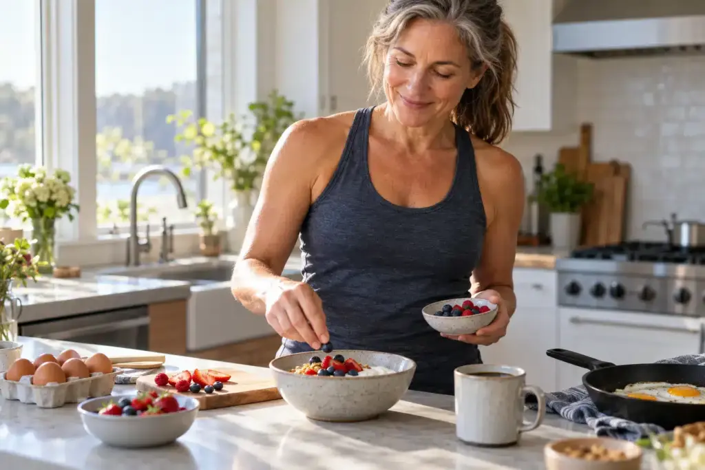 Woman in her 50s preparing a high-protein breakfast of Greek yogurt, berries and eggs in a bright kitchen