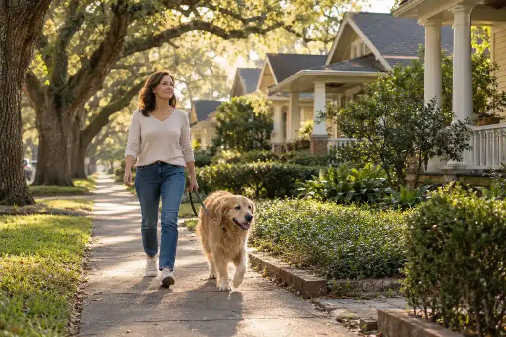 Woman in her 40s walking her golden retriever on a tree-lined Houston Heights sidewalk in the morning