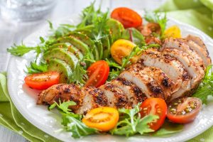 A photo of a keto-approved green salad complete with tomatoes, avocado slices, and chicken breast.